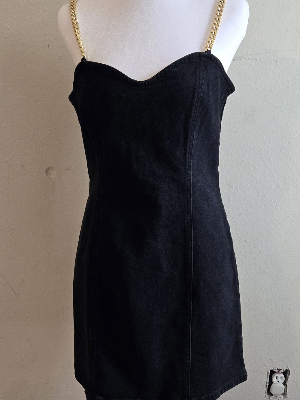 Gold-Chain Strap Black Jean Mini Dress